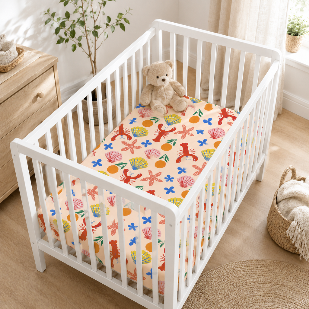 Coastal Lobster & Seashell Bamboo Fitted Crib Sheet – Beach Nursery Bedding