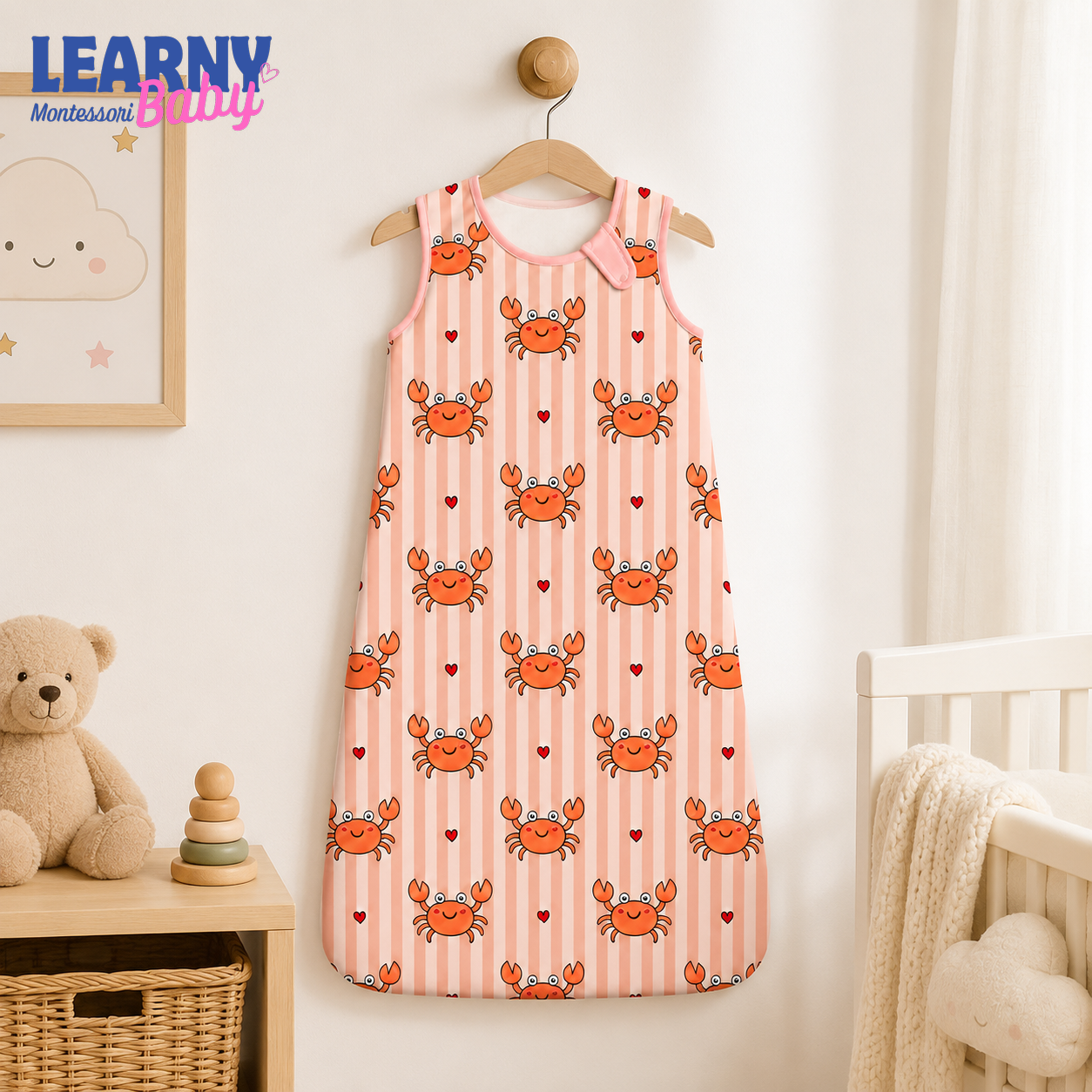 Pink Crab Bamboo Baby Sleep Sack, Soft Breathable Wearable Blanket for Infant and Toddler, Coastal Nursery Gift