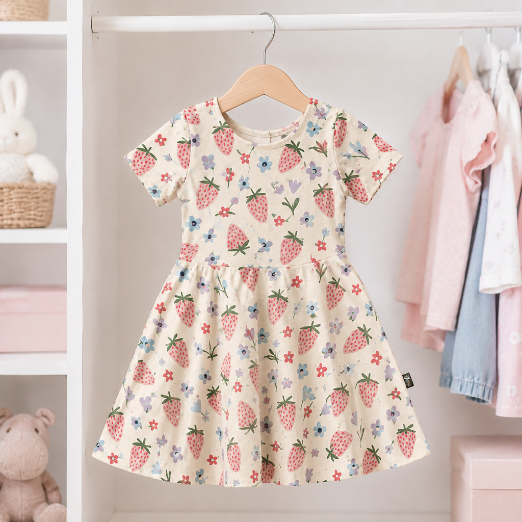 Strawberry Garden Bamboo Twirl Dress for Girls – Soft Short Sleeve Skater Dress