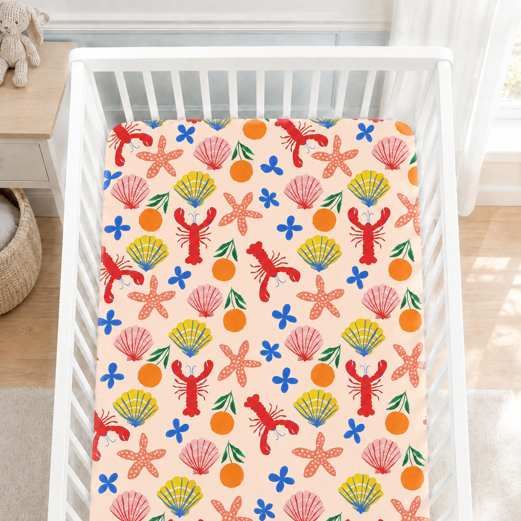 Coastal Lobster & Seashell Bamboo Fitted Crib Sheet – Beach Nursery Bedding