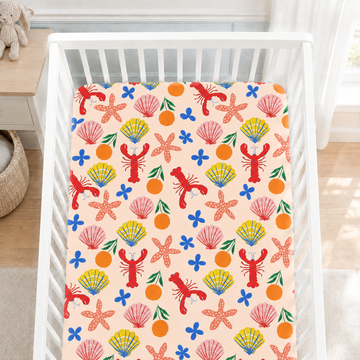 Coastal Lobster & Seashell Bamboo Fitted Crib Sheet – Beach Nursery Bedding