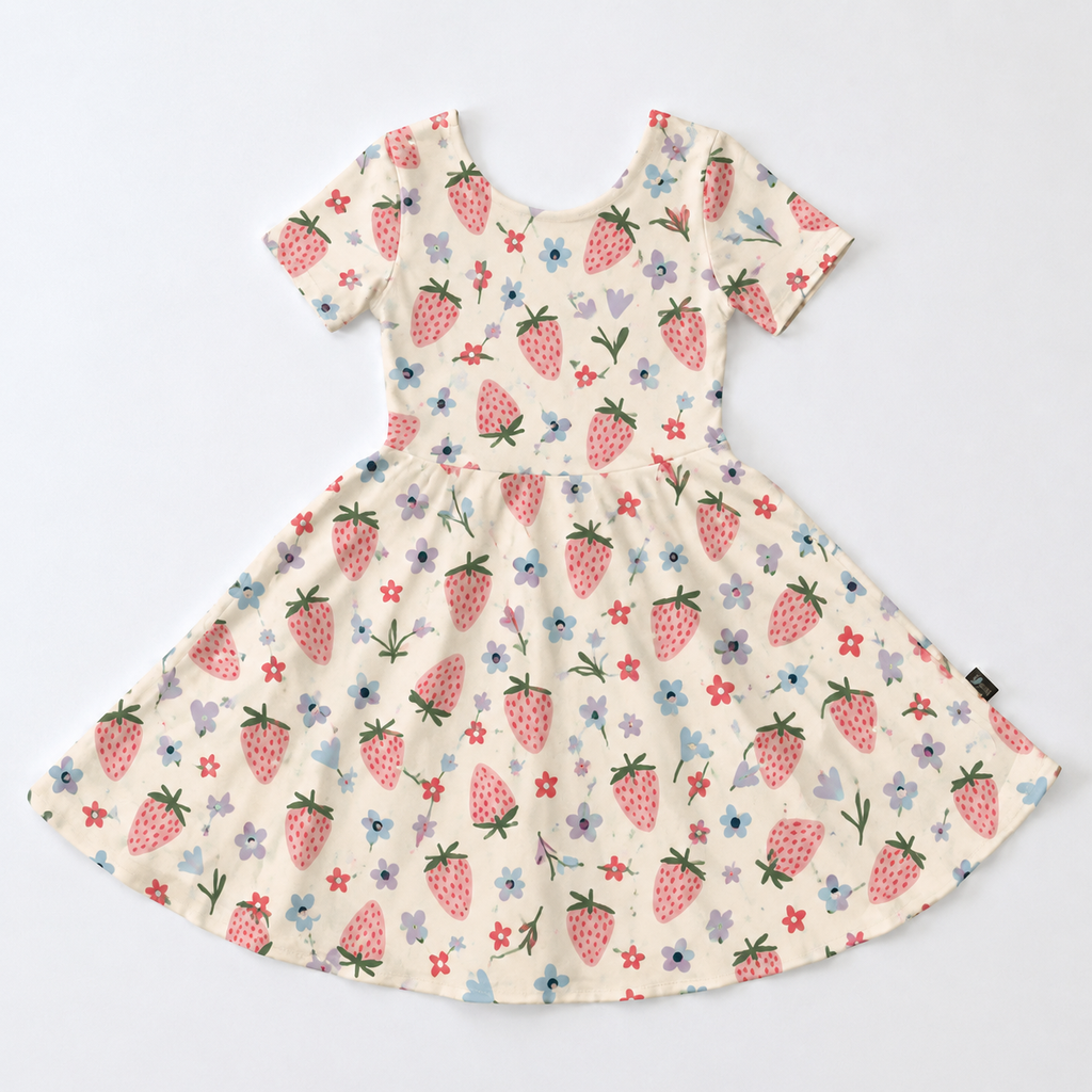 Strawberry Garden Bamboo Twirl Dress for Girls – Soft Short Sleeve Skater Dress