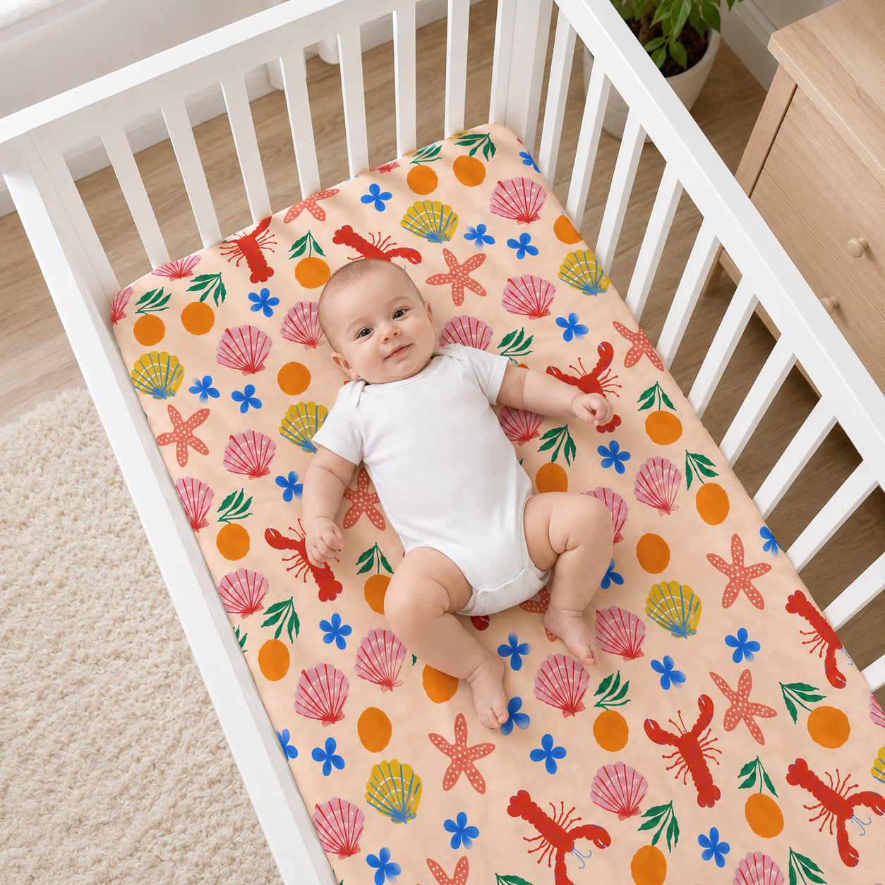 Coastal Lobster & Seashell Bamboo Fitted Crib Sheet – Beach Nursery Bedding