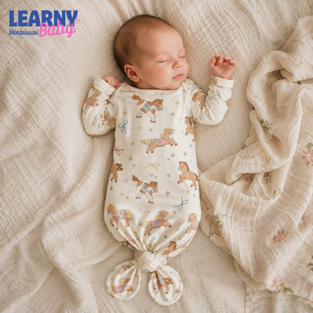 Newborn Baby Knotted Gown, Western Horse Bamboo Sleeper, Baby Girl Coming Home Outfit