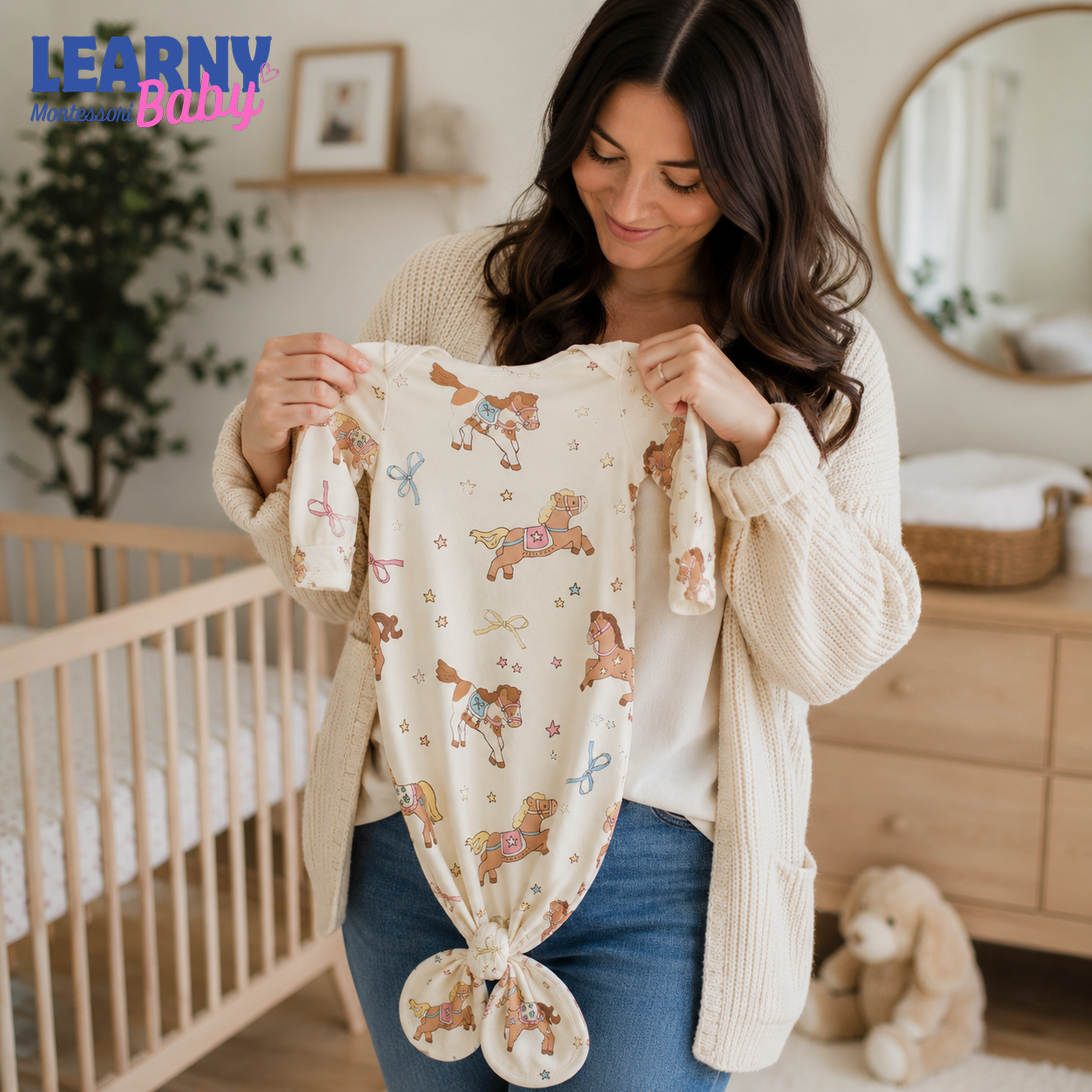 Newborn Baby Knotted Gown, Western Horse Bamboo Sleeper, Baby Girl Coming Home Outfit