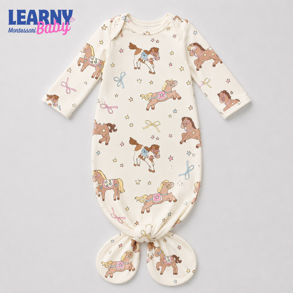 Newborn Baby Knotted Gown, Western Horse Bamboo Sleeper, Baby Girl Coming Home Outfit