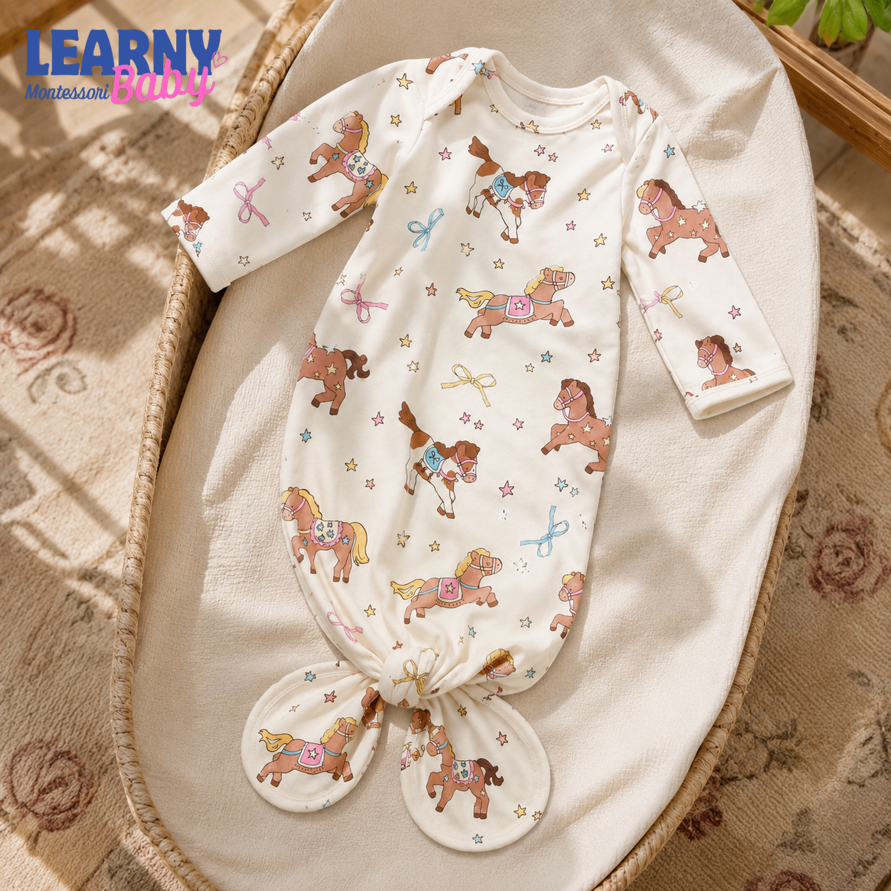 Newborn Baby Knotted Gown, Western Horse Bamboo Sleeper, Baby Girl Coming Home Outfit