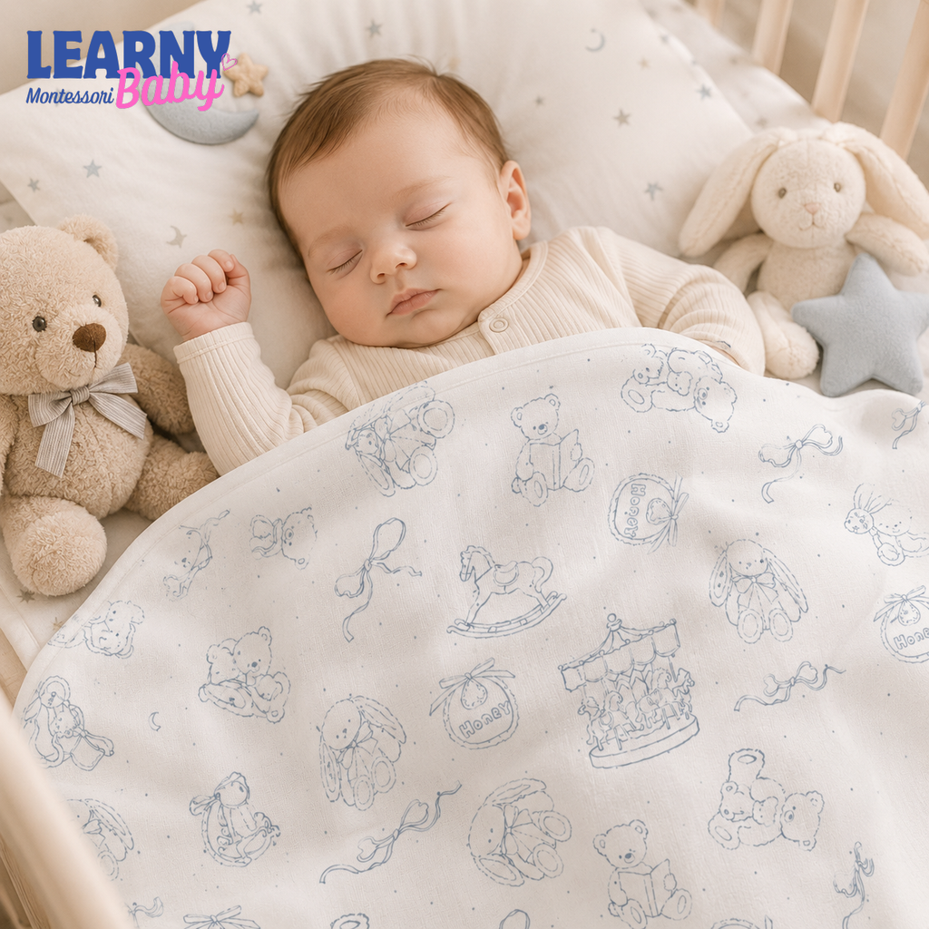 Vintage Teddy Bear Bamboo Baby Blanket, Bunny and Rocking Horse Nursery Blanket, Soft Newborn Receiving Blanket, Baby Shower Gift