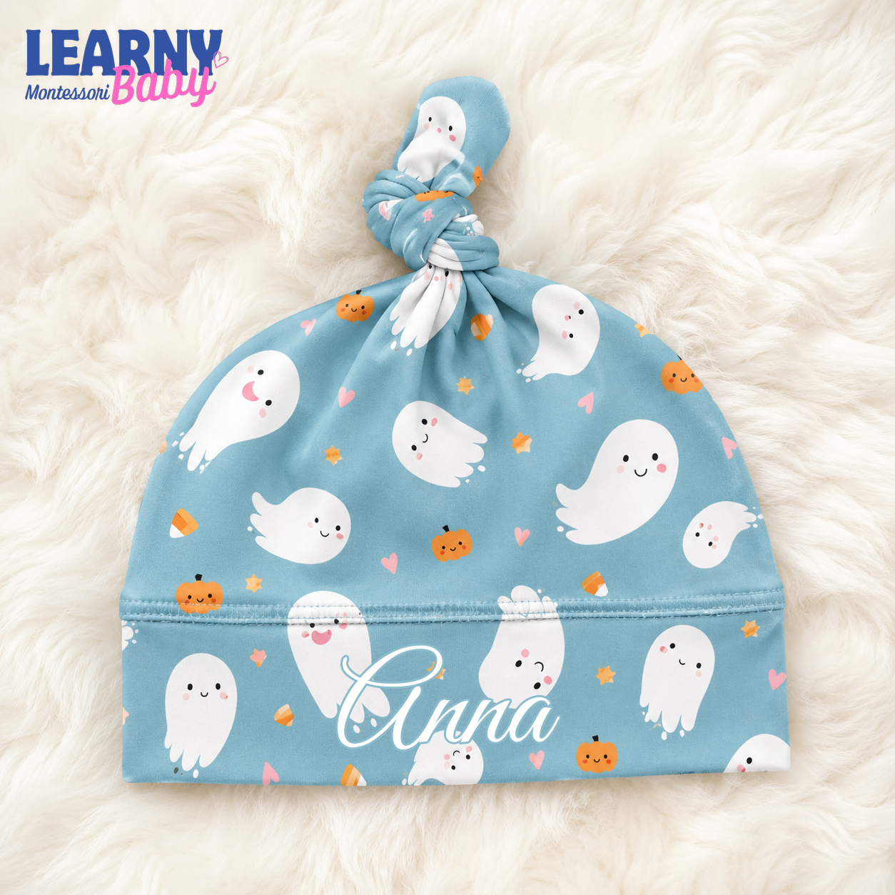 Personalized Blue Halloween Bamboo Baby Knotted Hat, Custom Name Ghost Pumpkin Newborn Beanie, Baby Boy Girl Coming Home Hat