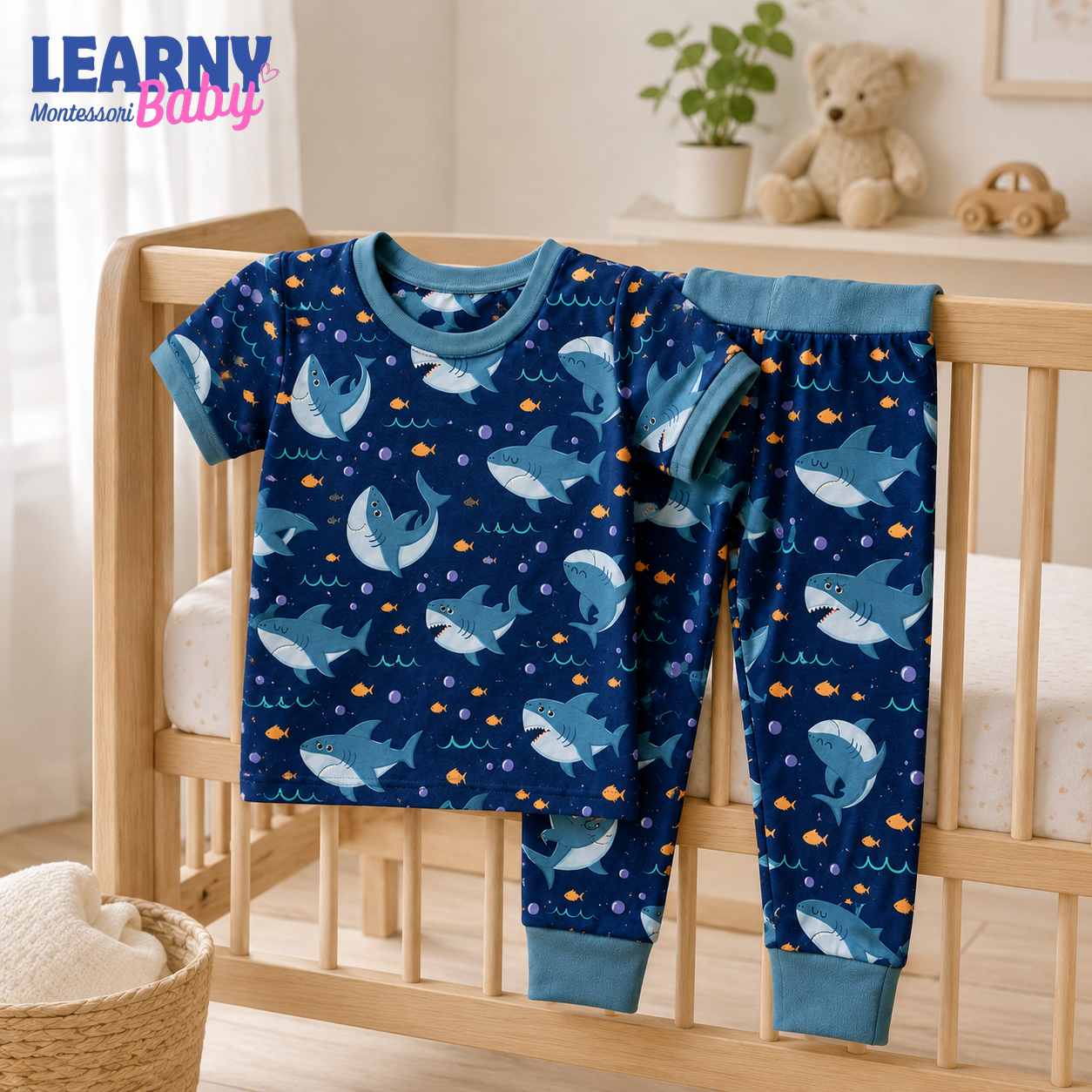Shark Bamboo Pajamas for Kids, Ocean Animal Print Short Sleeve Top and Long Pants Toddler Sleepwear Set