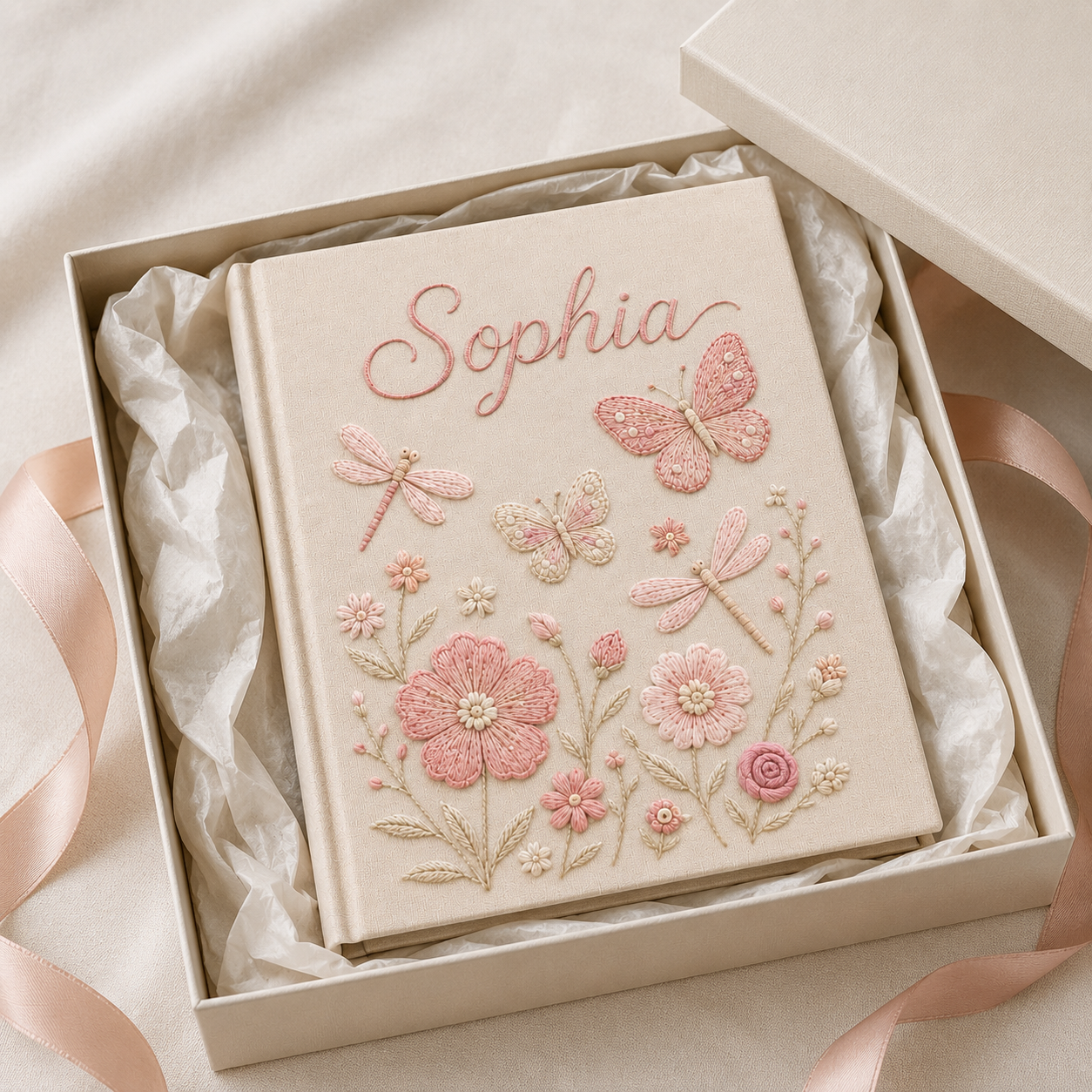 Custom Hand Embroidered Floral Baby Photo Album, Personalized Butterfly Keepsake Album with Sleeves, Linen Memory Book, Newborn Gift EPLB07
