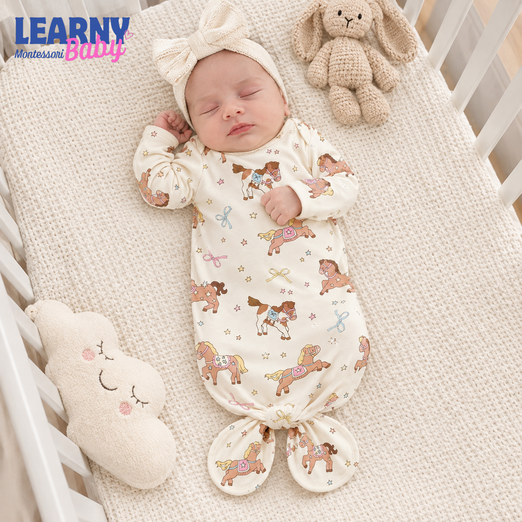 Newborn Baby Knotted Gown, Western Horse Bamboo Sleeper, Baby Girl Coming Home Outfit