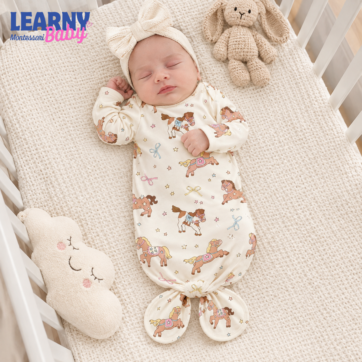 Newborn Baby Knotted Gown, Western Horse Bamboo Sleeper, Baby Girl Coming Home Outfit