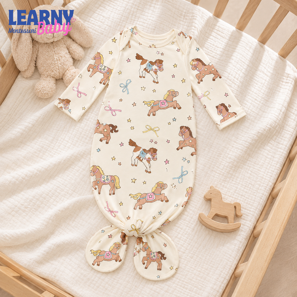 Newborn Baby Knotted Gown, Western Horse Bamboo Sleeper, Baby Girl Coming Home Outfit