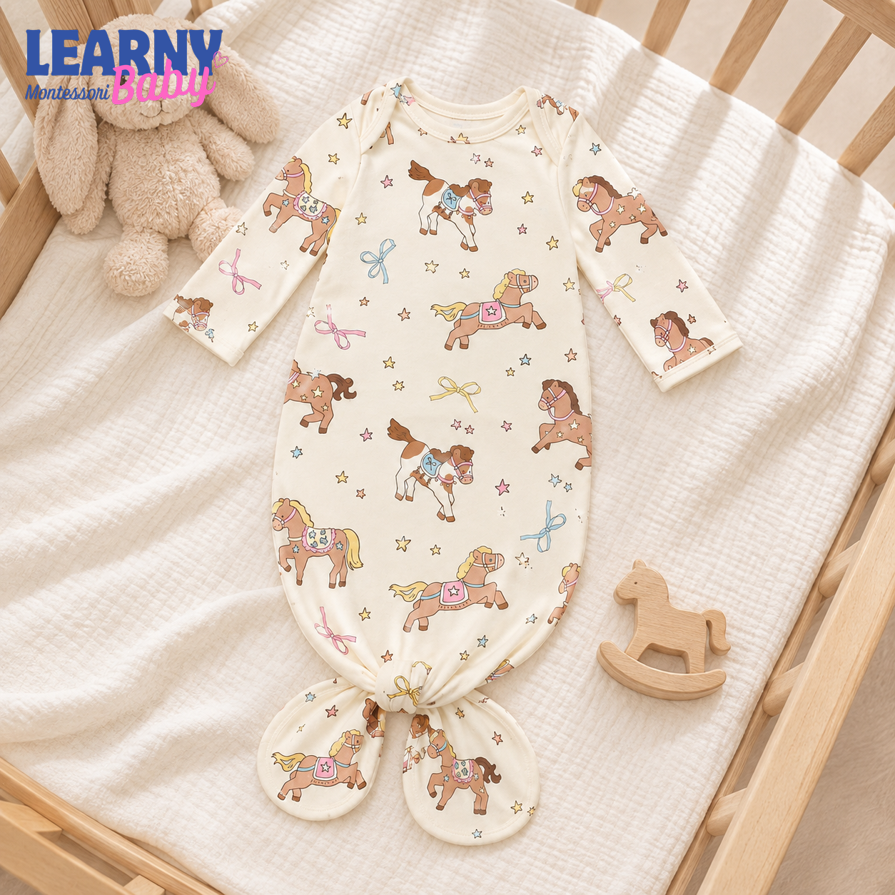 Newborn Baby Knotted Gown, Western Horse Bamboo Sleeper, Baby Girl Coming Home Outfit