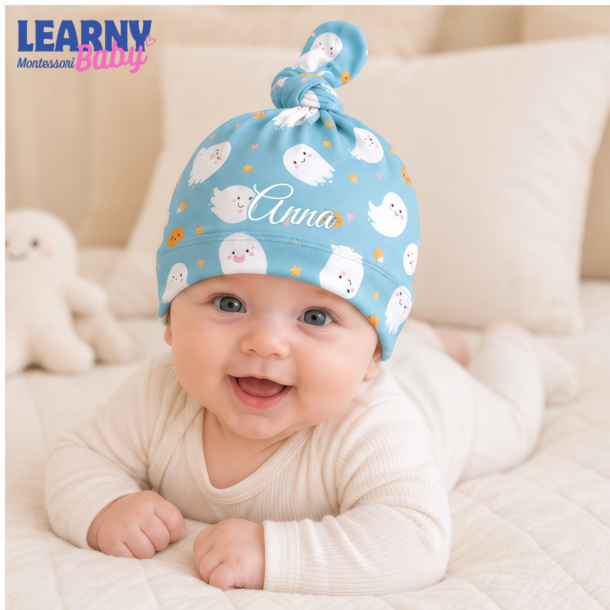 Personalized Blue Halloween Bamboo Baby Knotted Hat, Custom Name Ghost Pumpkin Newborn Beanie, Baby Boy Girl Coming Home Hat
