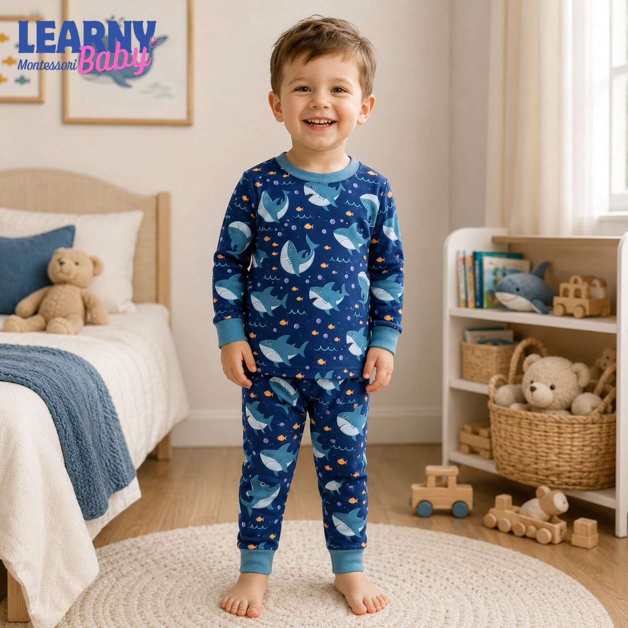 Shark Bamboo Pajamas for Kids, Ocean Animal Print Short Sleeve Top and Long Pants Toddler Sleepwear Set