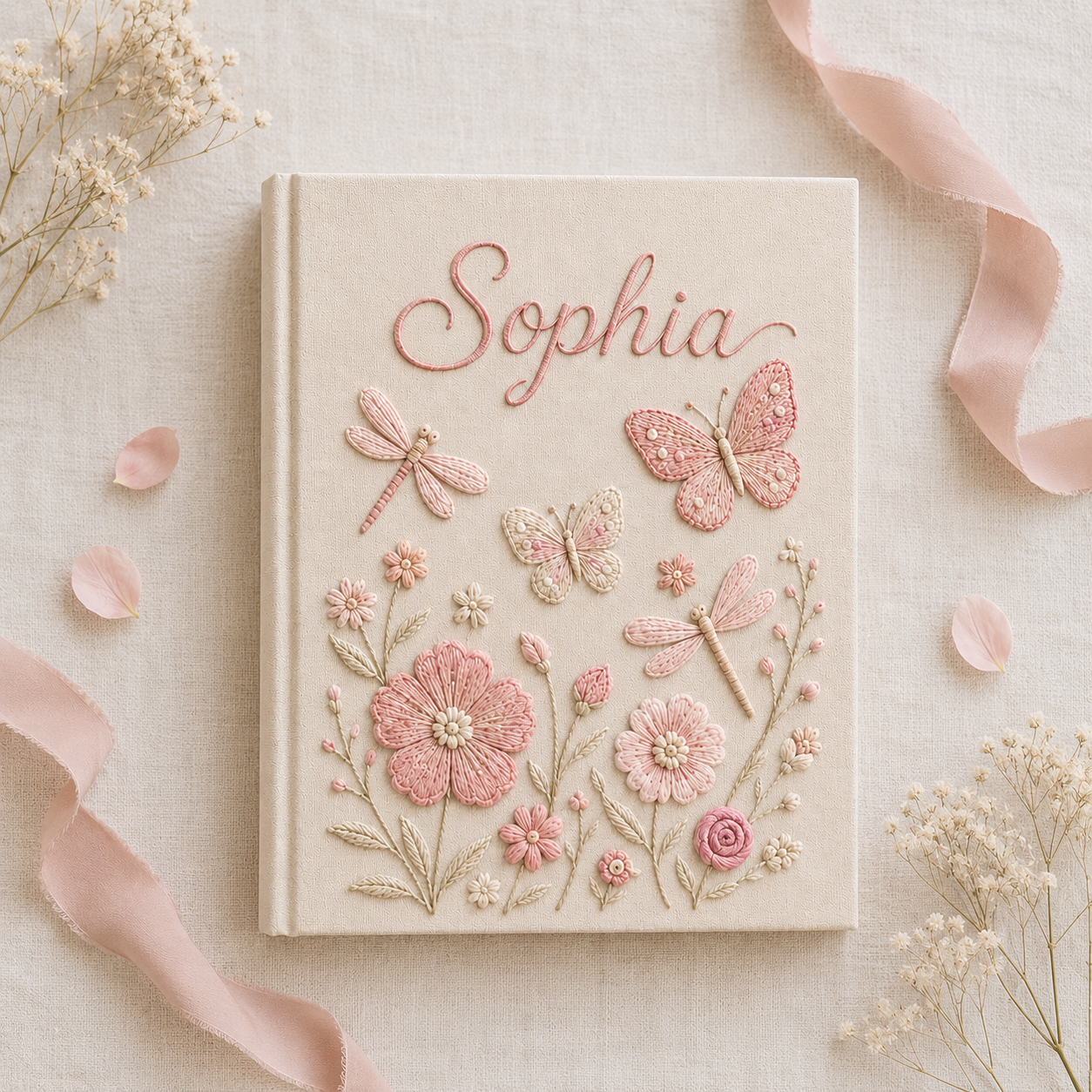 Custom Hand Embroidered Floral Baby Photo Album, Personalized Butterfly Keepsake Album with Sleeves, Linen Memory Book, Newborn Gift EPLB07