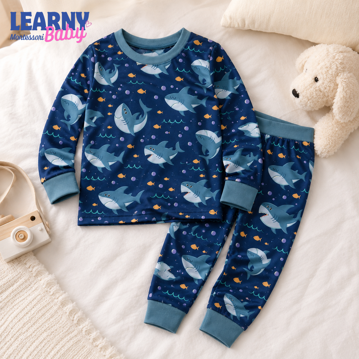 Shark Bamboo Pajamas for Kids, Ocean Animal Print Short Sleeve Top and Long Pants Toddler Sleepwear Set