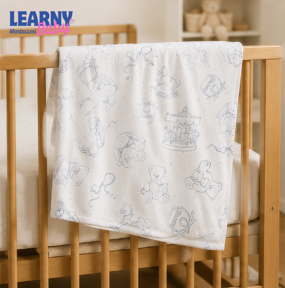 Vintage Teddy Bear Bamboo Baby Blanket, Bunny and Rocking Horse Nursery Blanket, Soft Newborn Receiving Blanket, Baby Shower Gift
