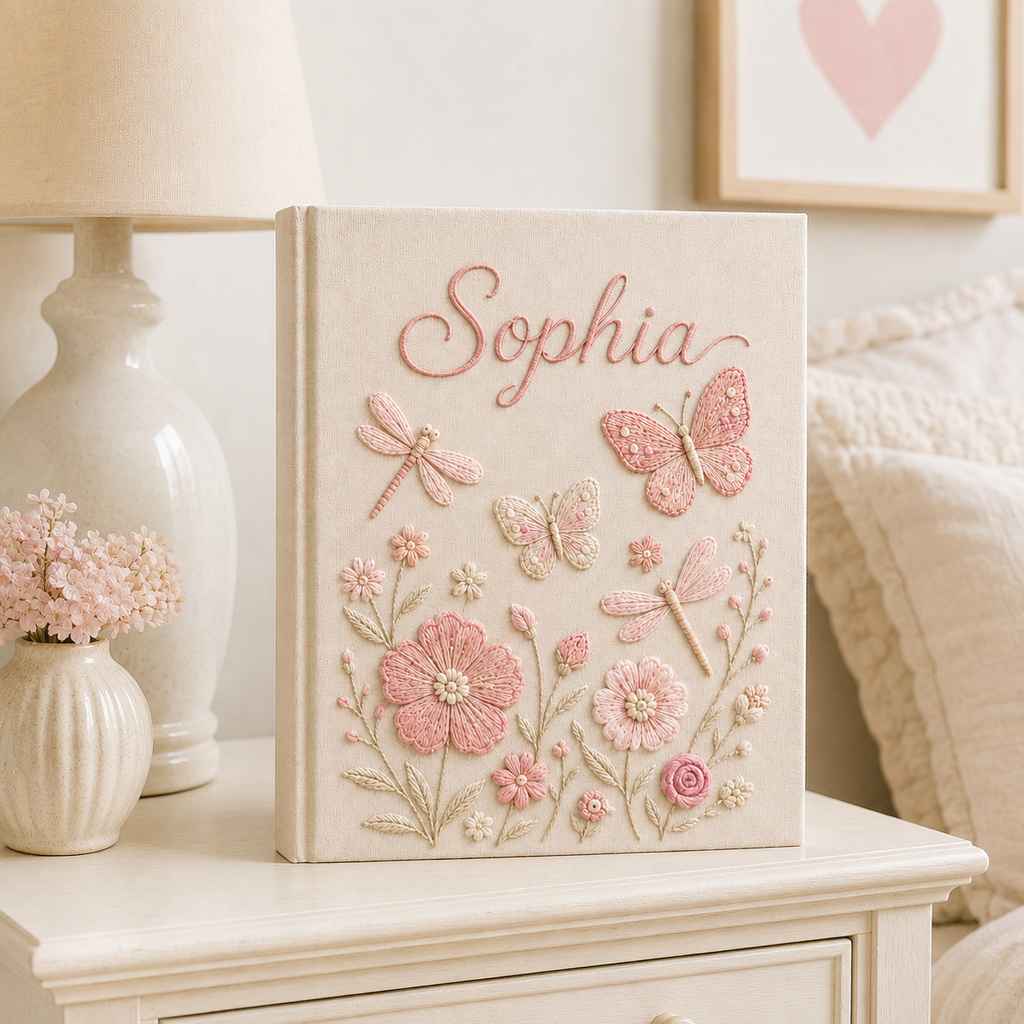 Custom Hand Embroidered Floral Baby Photo Album, Personalized Butterfly Keepsake Album with Sleeves, Linen Memory Book, Newborn Gift EPLB07