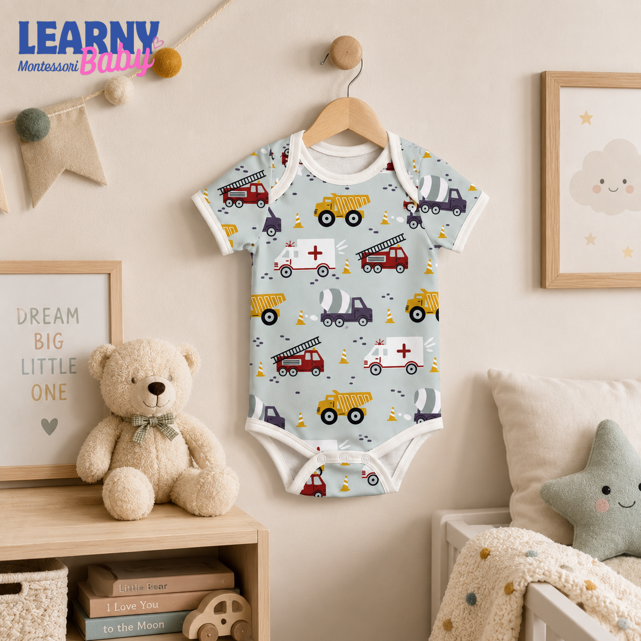 Bamboo Baby Bodysuit, Personalized Construction Vehicle Baby Onesie, Soft Bamboo Viscose Infant Bodysuit