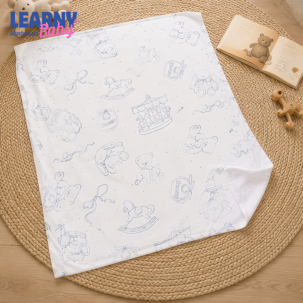Vintage Teddy Bear Bamboo Baby Blanket, Bunny and Rocking Horse Nursery Blanket, Soft Newborn Receiving Blanket, Baby Shower Gift