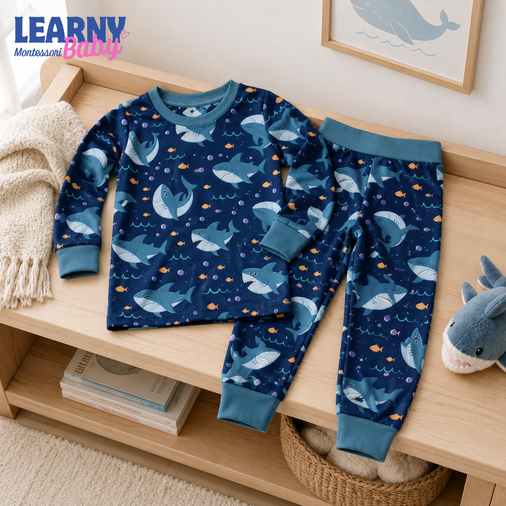 Shark Bamboo Pajamas for Kids, Ocean Animal Print Short Sleeve Top and Long Pants Toddler Sleepwear Set