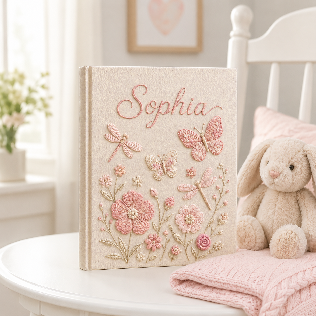 Custom Hand Embroidered Floral Baby Photo Album, Personalized Butterfly Keepsake Album with Sleeves, Linen Memory Book, Newborn Gift EPLB07
