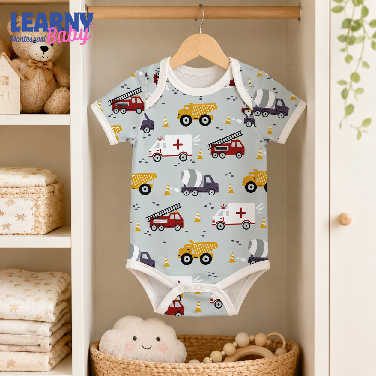 Bamboo Baby Bodysuit, Personalized Construction Vehicle Baby Onesie, Soft Bamboo Viscose Infant Bodysuit