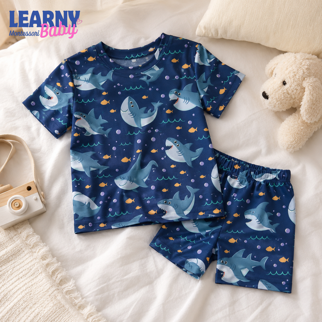 Shark Bamboo Pajamas for Kids, Ocean Animal Print Short Sleeve Top and Long Pants Toddler Sleepwear Set