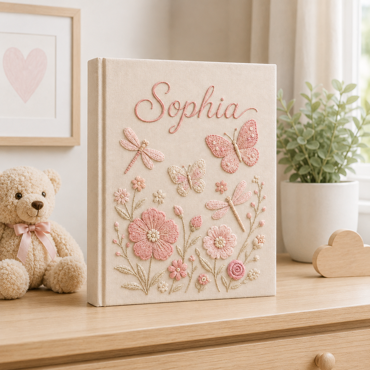 Custom Hand Embroidered Floral Baby Photo Album, Personalized Butterfly Keepsake Album with Sleeves, Linen Memory Book, Newborn Gift EPLB07