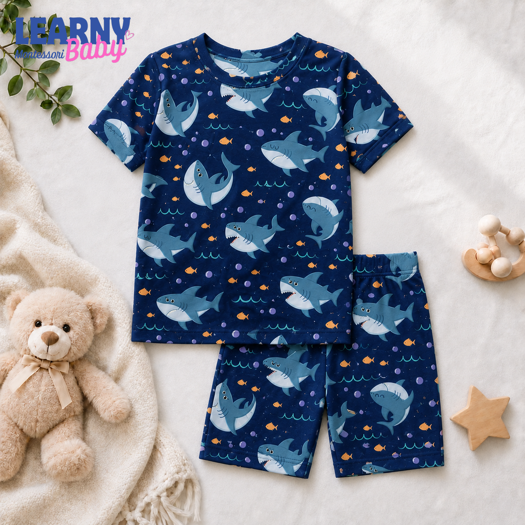 Shark Bamboo Pajamas for Kids, Ocean Animal Print Short Sleeve Top and Long Pants Toddler Sleepwear Set