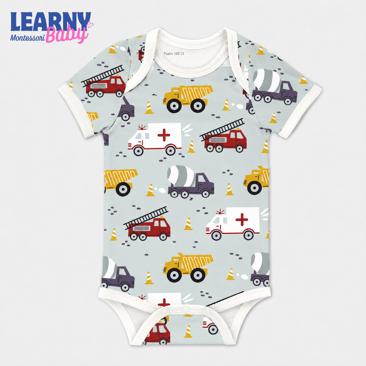 Bamboo Baby Bodysuit, Personalized Construction Vehicle Baby Onesie, Soft Bamboo Viscose Infant Bodysuit