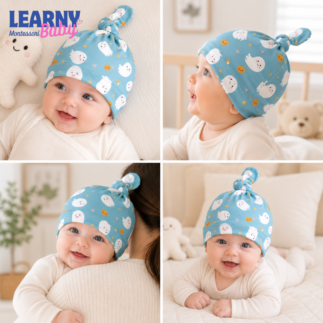 Personalized Blue Halloween Bamboo Baby Knotted Hat, Custom Name Ghost Pumpkin Newborn Beanie, Baby Boy Girl Coming Home Hat