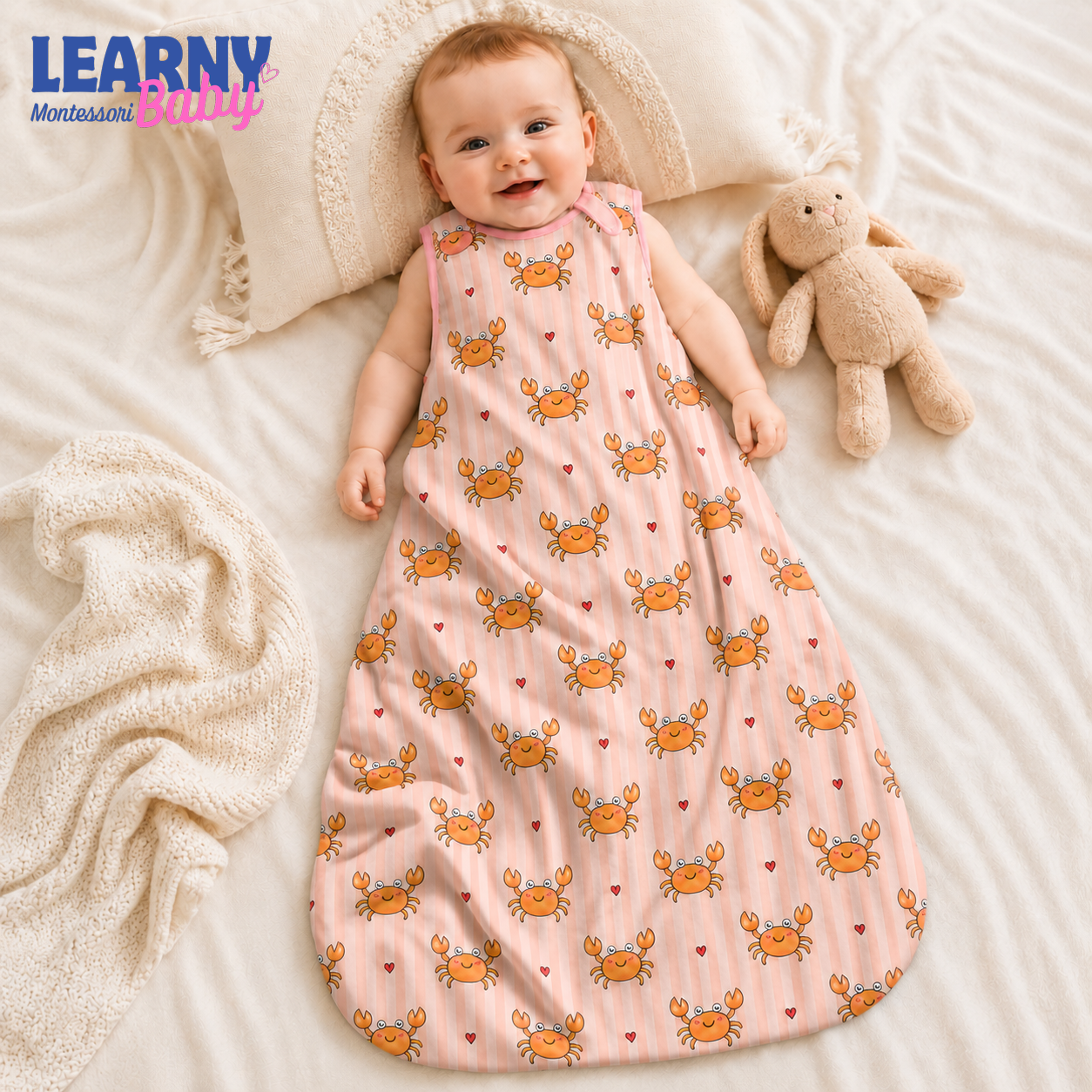 Pink Crab Bamboo Baby Sleep Sack, Soft Breathable Wearable Blanket for Infant and Toddler, Coastal Nursery Gift