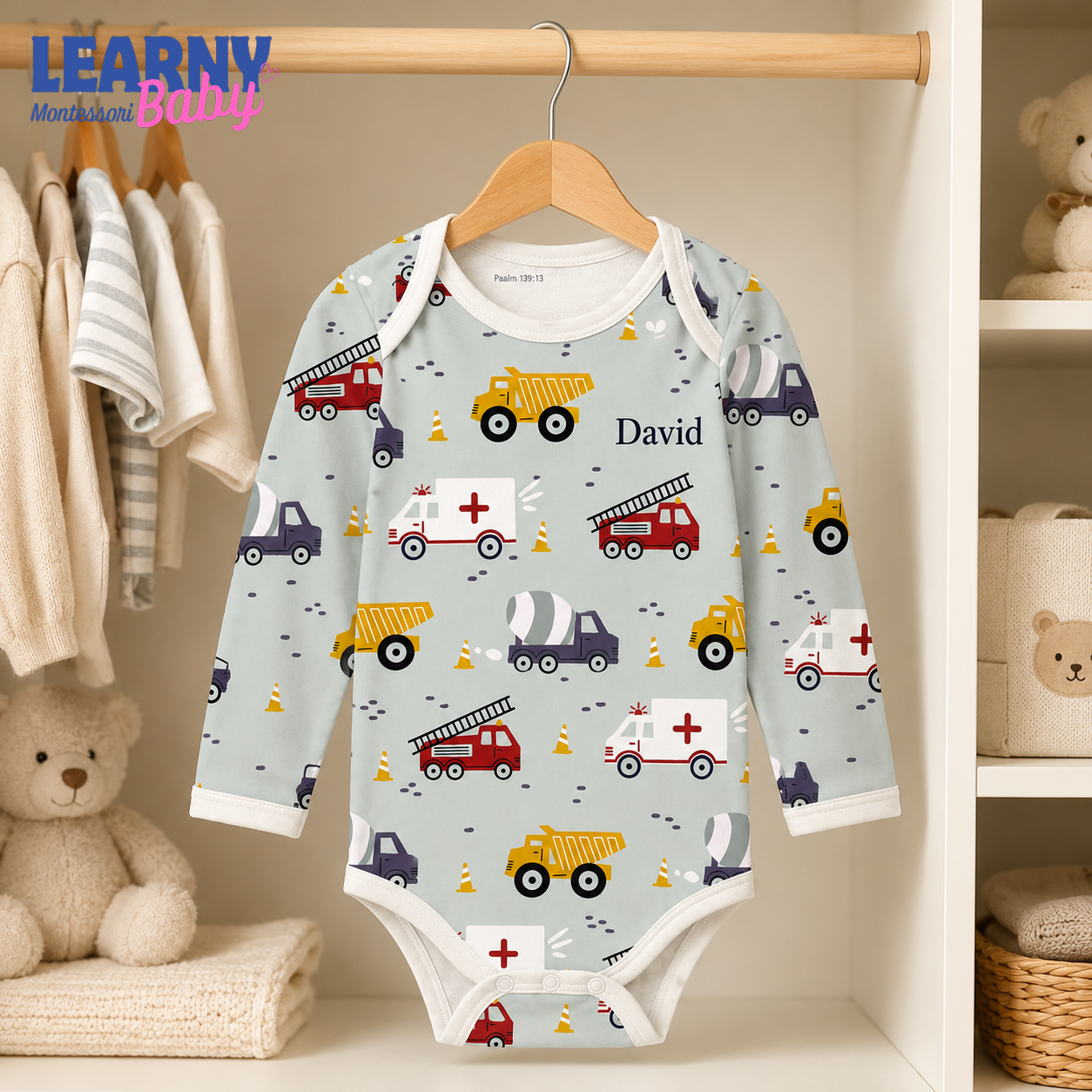 Bamboo Baby Bodysuit, Personalized Construction Vehicle Baby Onesie, Soft Bamboo Viscose Infant Bodysuit