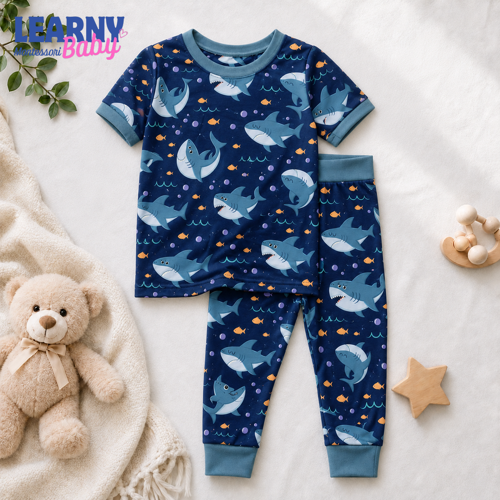 Shark Bamboo Pajamas for Kids, Ocean Animal Print Short Sleeve Top and Long Pants Toddler Sleepwear Set