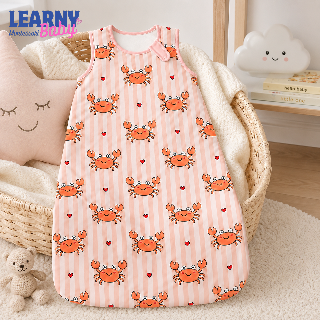 Pink Crab Bamboo Baby Sleep Sack, Soft Breathable Wearable Blanket for Infant and Toddler, Coastal Nursery Gift