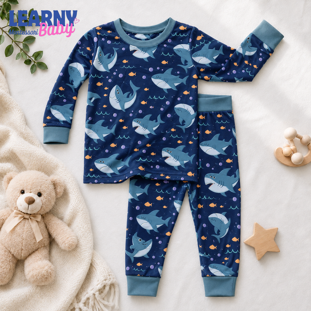 Shark Bamboo Pajamas for Kids, Ocean Animal Print Short Sleeve Top and Long Pants Toddler Sleepwear Set