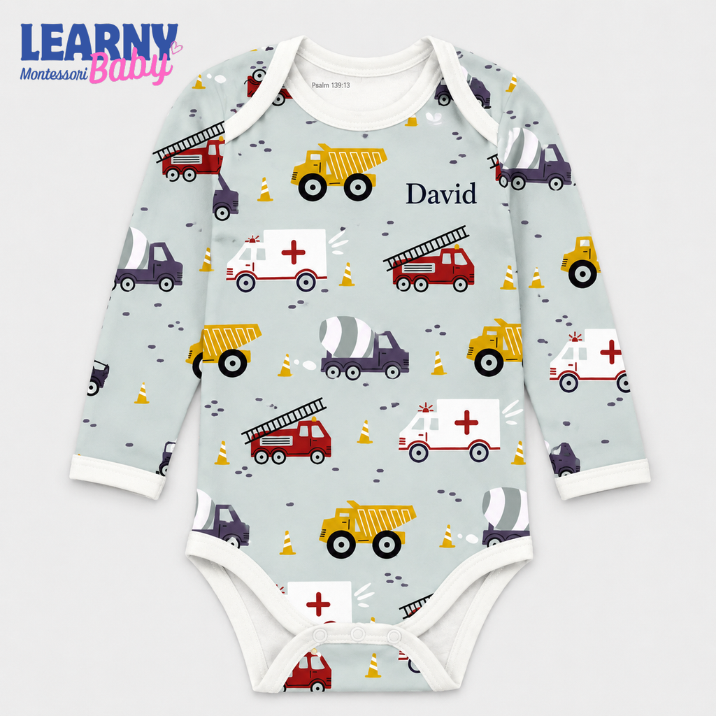 Bamboo Baby Bodysuit, Personalized Construction Vehicle Baby Onesie, Soft Bamboo Viscose Infant Bodysuit