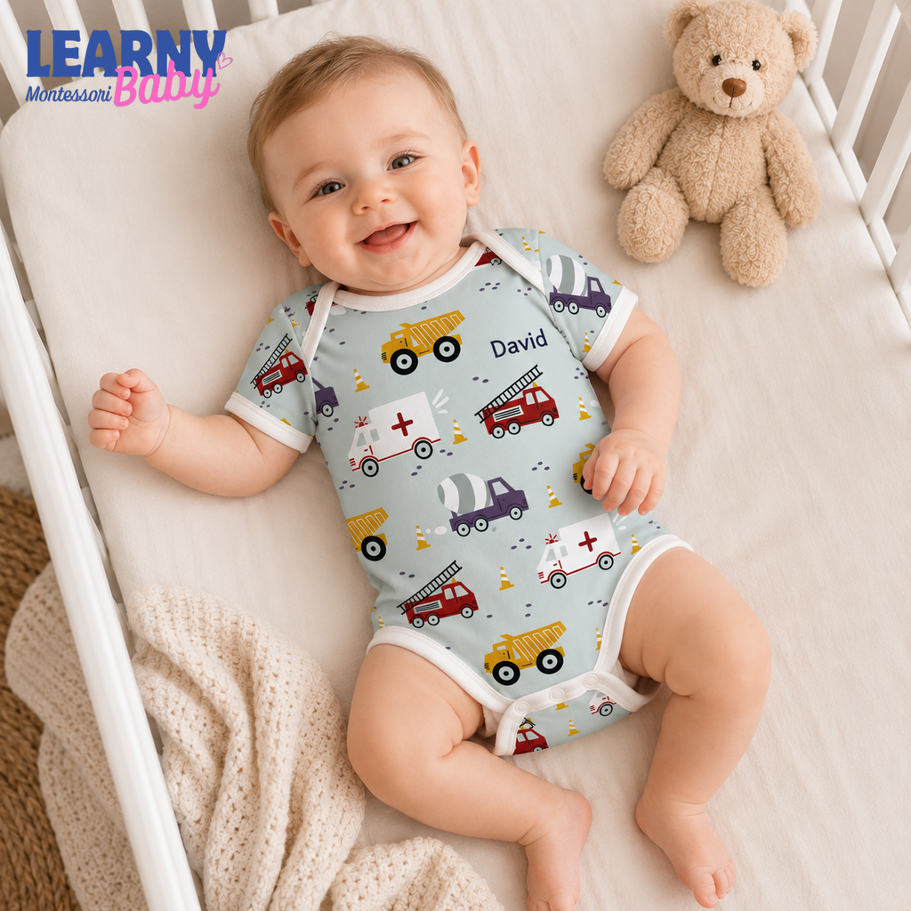 Bamboo Baby Bodysuit, Personalized Construction Vehicle Baby Onesie, Soft Bamboo Viscose Infant Bodysuit