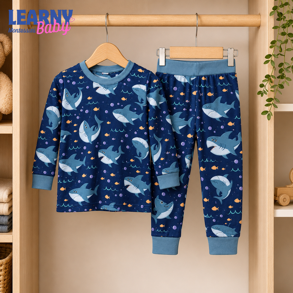 Shark Bamboo Pajamas for Kids, Ocean Animal Print Short Sleeve Top and Long Pants Toddler Sleepwear Set
