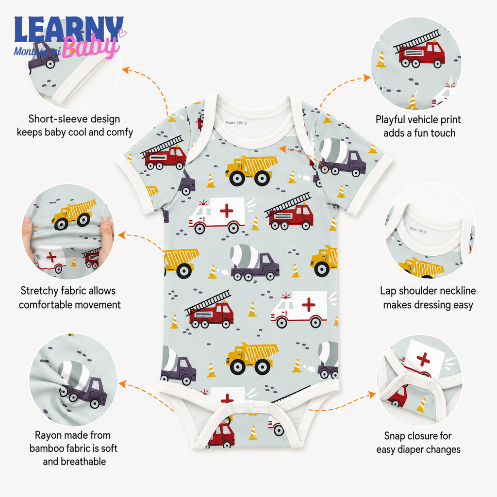 Bamboo Baby Bodysuit, Personalized Construction Vehicle Baby Onesie, Soft Bamboo Viscose Infant Bodysuit