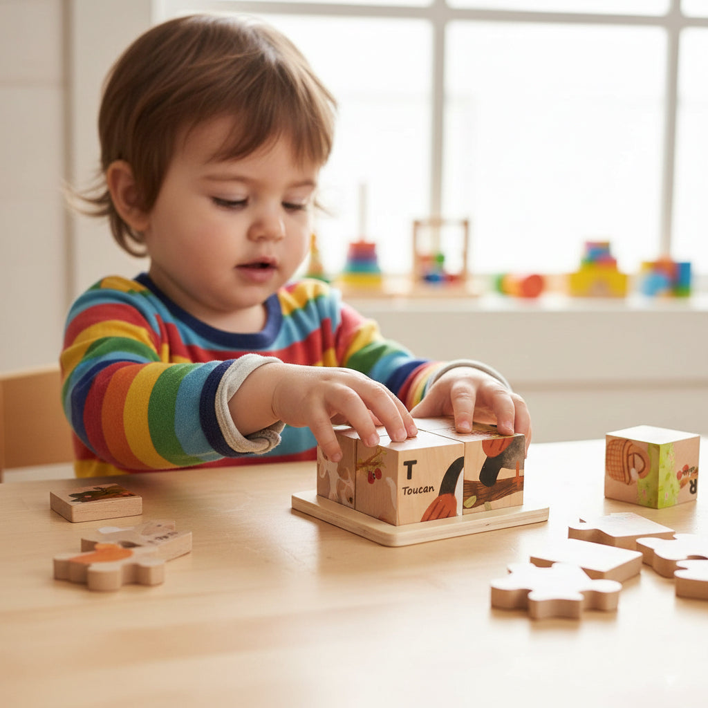 Montessori 3D Wooden Animal Puzzle Blocks – Four-Sided Rotating Educational Toy for Toddlers