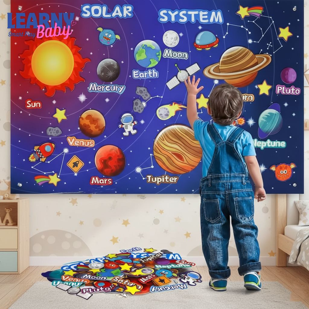 Montessori Space Felt Story Board for Toddlers, Solar System Felt Board Wall Hanging, Preschool Interactive Learning Toy, Space Theme Busy Board Gift
