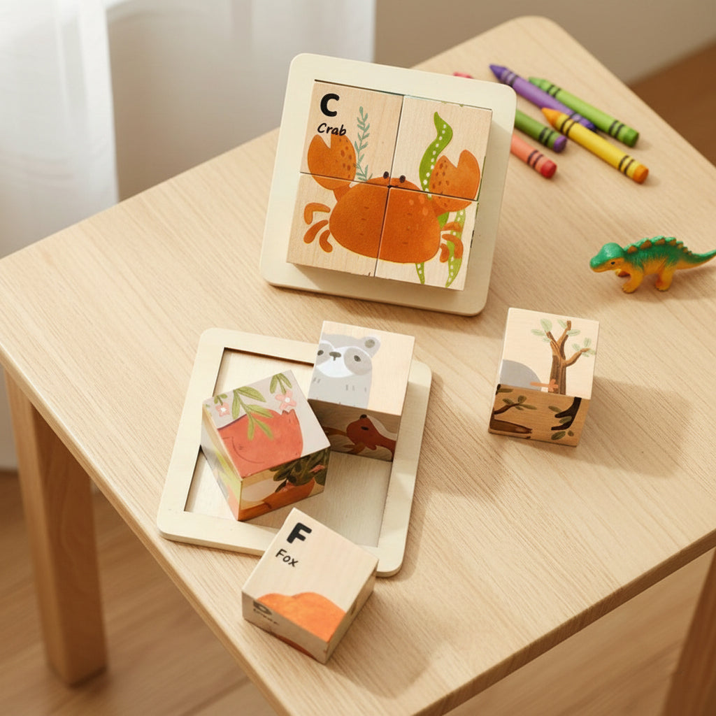 Montessori 3D Wooden Animal Puzzle Blocks – Four-Sided Rotating Educational Toy for Toddlers