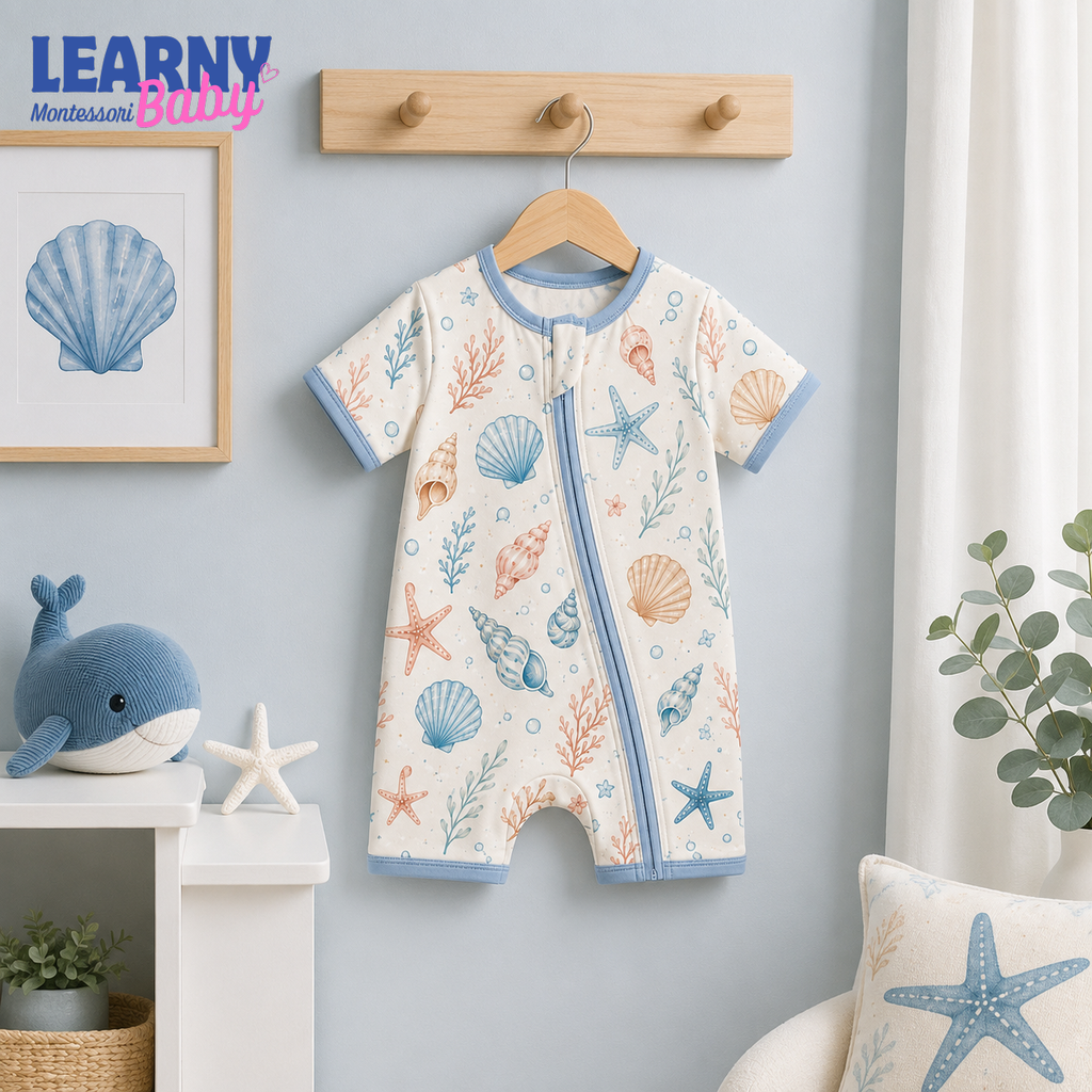 Ocean Seashell Baby Convertible Zippy Pajamas, Coastal Baby Sleeper, Newborn Pajamas, Baby Sleepwear