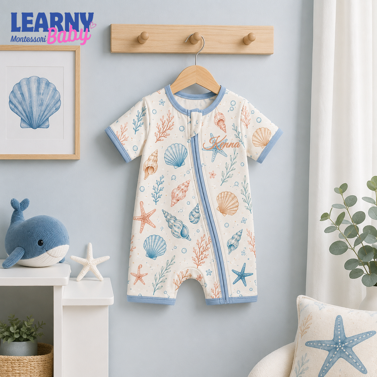 Ocean Seashell Bamboo Baby Convertible Zippy, Coastal Bamboo Baby Pajamas, Newborn Bamboo Sleeper, Bamboo Baby Clothing
