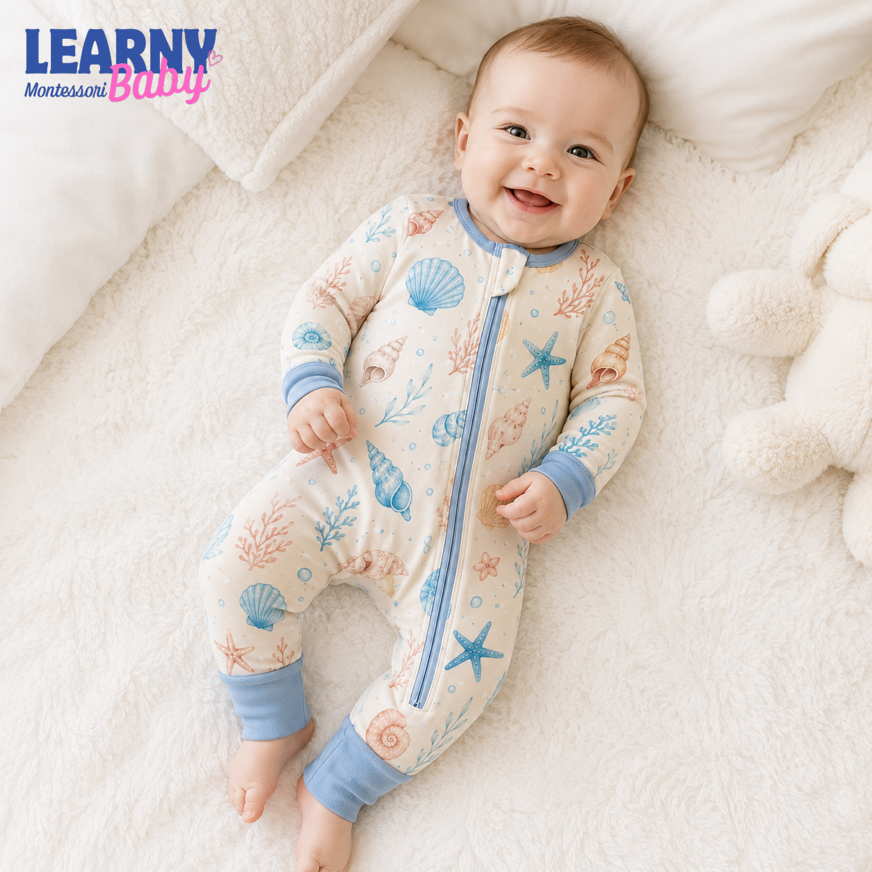 Ocean Seashell Baby Convertible Zippy Pajamas, Coastal Baby Sleeper, Newborn Pajamas, Baby Sleepwear